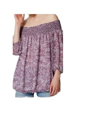 𝅺ANN Taylor LOFT Off The Shoulder Floral Purple blouse top Sz M